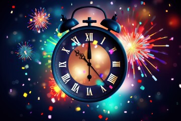 Fototapeta na wymiar Colorful Happy New Year background featuring a clock, confetti, and fireworks, conveying a festive atmosphere