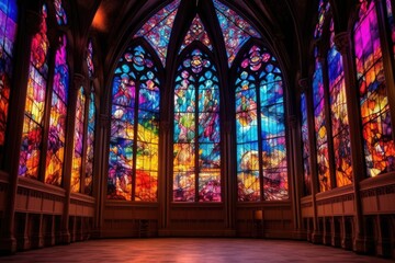 Fototapeta na wymiar majestic stained glass windows casting colorful light, created with generative ai