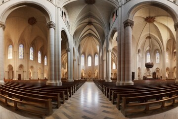Fototapeta na wymiar panoramic view of the expansive nave and altar, created with generative ai