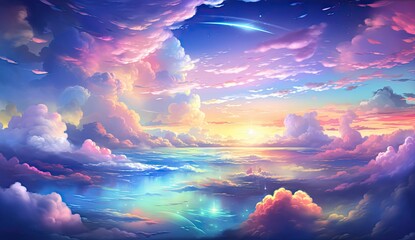 Anime drawing of colorful clouds and a rainbow on the sky.  - obrazy, fototapety, plakaty