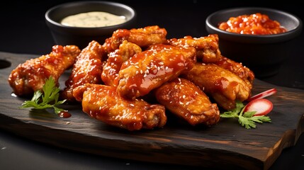 Hot and spicy bbq chicken wings with dip and hot sauce on black stone plate Generative AI