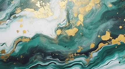 Obraz premium Acrylic Fluid Art. Dark green waves in abstract ocean and golden foamy waves. Marble effect background Generative AI