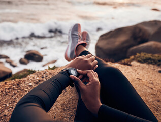 Relax, check and smart watch with hand of woman on rock for running, fitness tracker and heart...