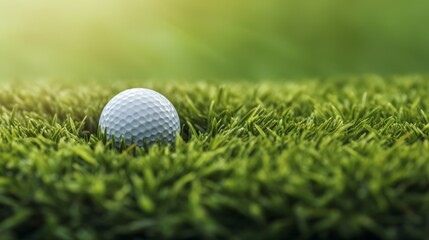 Fototapeta premium Close up golf ball on green grass field Generative AI