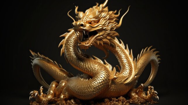 Full body gold dragon in bend body pose with 3d rendering Generative AI