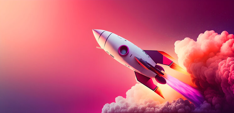Rocket launch into space, wide banner with copy space, concept of business startup, growth, website or project design, generative ai