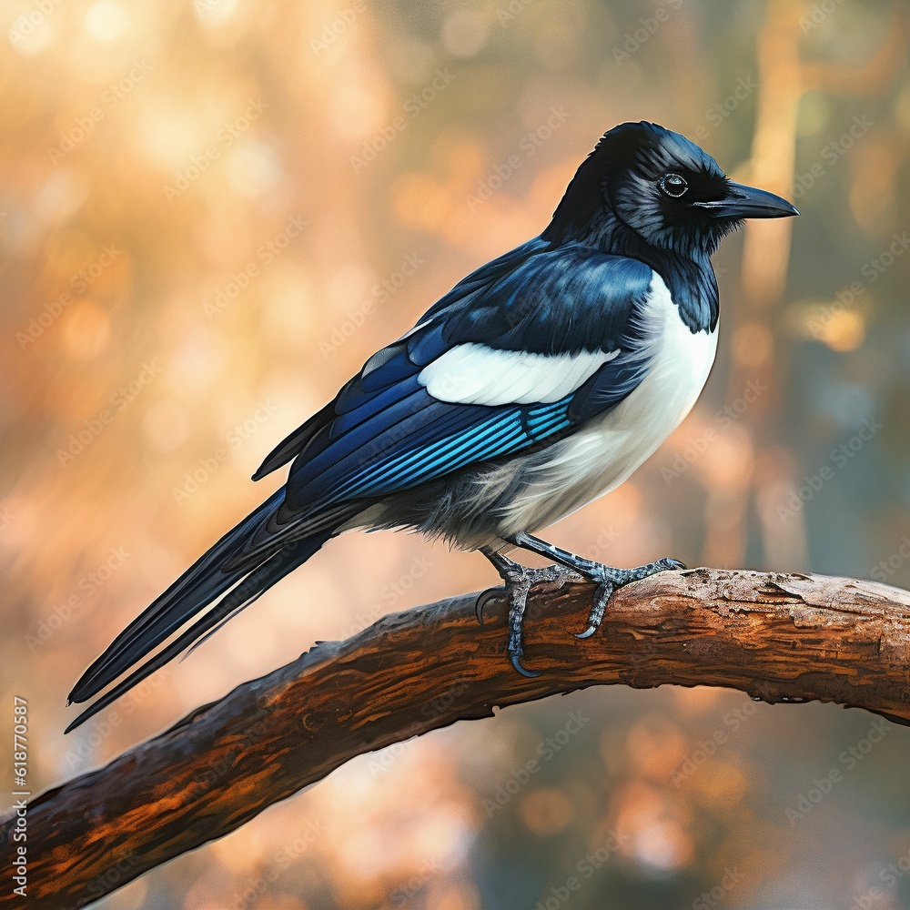 Poster AI generated illustration of an Australian magpie perched on a branch of a tree