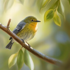 AI generated illustration of a vibrant yellow and gray Robin perched on a tree branch