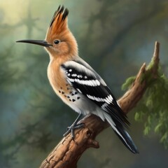 AI generated illustration of Eurasian Hoopoe or (Upupa epops) perched on a wooden branch