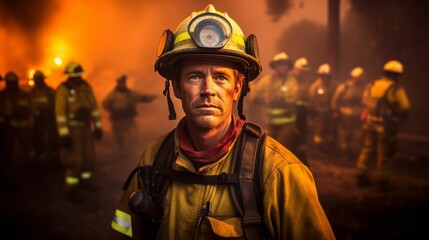 Fototapeta na wymiar AI generated male firefighter standing in front of a group of people wearing firefighting uniforms