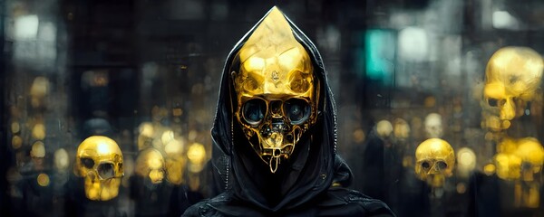 a black hooded gold skull middle screen menacing cyberpunk style dark atmospheric cinematic aggressive symmetrical detailed hyper realistic 