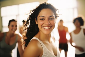 Portrait of a smiling woman in a group fitness class, shallow depth of field. 