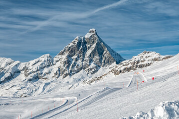 View of the Matterhorn and the ski slopes of Cervinia