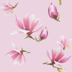 Fototapeta na wymiar Watercolor Seamless Pattern pink background Hand painted illustration Magnolia