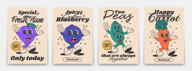 Foto auf Acrylglas Positive Typografie Collection of bright groovy posters 70s. Retro poster with funny cartoon walking characters in the form of fruits and poisons, peas, blueberries, carrots and plums. Vintage prints, isolated