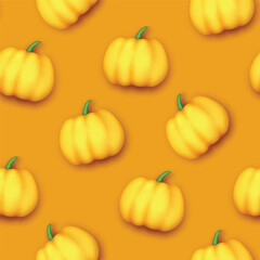 Seamless Pattern with Colorful Cute Pumpkin in Modern Plastic Style. Trendy Cartoon Texture. Realistic Object. Happy Halloween and Thanksgiving Concept. Vector 3d Illustration