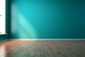 Blue turquoise empty wall and wooden floor with interesting with glare 