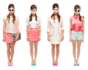 Composite, portrait and retro woman in fashion for 80s, vintage clothes and pastel color. Serious,...