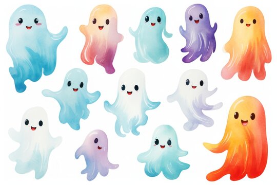 Collection of adorable watercolor ghost characters. Halloween.