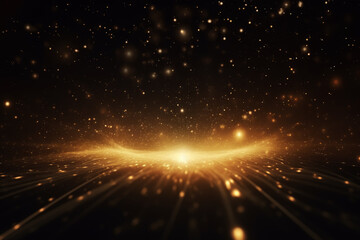 Digital Gold Particles Wave and light abstract background with shining floor particle stars dust. Futuristic glittering Luxury golden sparkling on black background