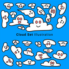 Clunds Set Illustration. Clouds set isolated on a blue background. Simple cute cartoon design. Icon or logo collection.