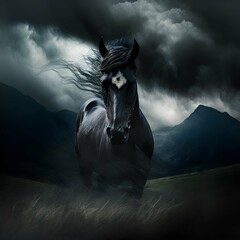 photo of a black horse in the background of high mountains and a storm5 Artistic Photography4 creative expressive unique highquality Nikon D850 Lens 16mm Adobe Photoshop awardwinning glibatree style 