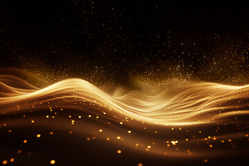 Fototapeta na wymiar Digital Gold Particles Wave and light abstract background with shining floor particle stars dust. Futuristic glittering Luxury golden sparkling on black background