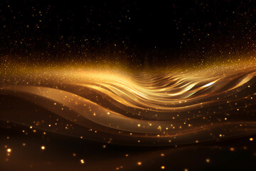 Fototapeta na wymiar Digital Gold Particles Wave and light abstract background with shining floor particle stars dust. Futuristic glittering Luxury golden sparkling on black background