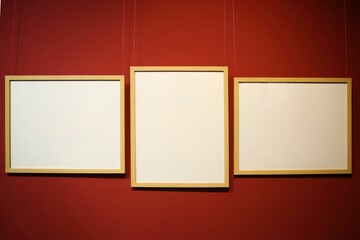 White picture frames on a red wall with copyspace