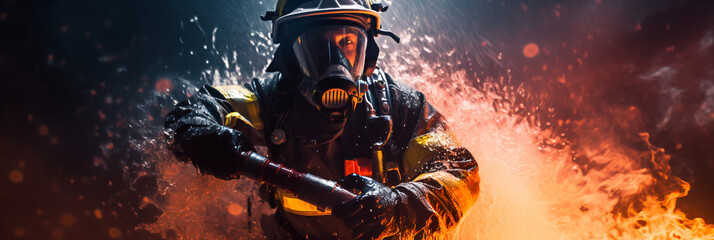 fireman using water and extinguisher to fighting with fire flame in an emergency situation., under danger situation all firemen wearing fire fighter suit for safety