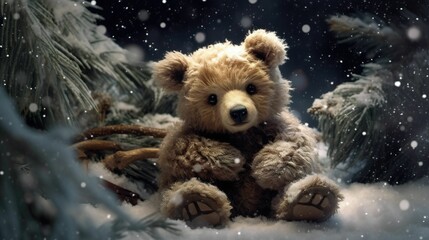 Brown teddy bear sitting in the snowy forest with lush trees