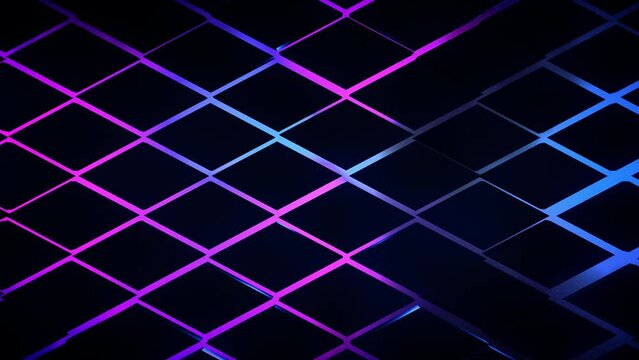 3D render futuristic animated background from rhomb shapes with neon back lighting, minimal diamonds grid tiles pattern with random objects displacement, 4K live wallpaper