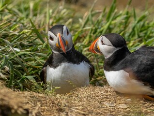 Two Atlantic puffins in the summer in Scotland with orange legs and brightly colored beak