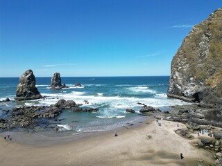 Tranquil beach with rock formations in Cannon Beach, Oregon