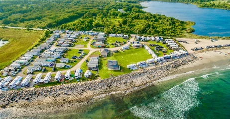 Zelfklevend Fotobehang Aerial view of the beachfront campground in Little Compton, Rhode Island © K  Issa/Wirestock Creators
