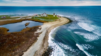 Picturesque view of the Point Judith Lighthouse in Narragansett, Rhode Island - obrazy, fototapety, plakaty