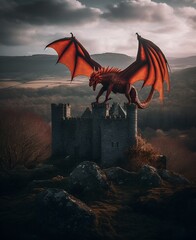 Y draig goch. A vibrant red dragon, wings spread wide, perched atop an ancient castle in the Welsh countryside. 