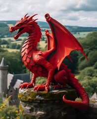 Y draig goch. A vibrant red dragon, wings spread wide, perched atop an ancient castle in the Welsh countryside. 