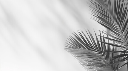 Light and shadow leaves, palm leaf on grunge white wall concrete background. Silhouette abstract tropical leaf natural pattern for wallpaper, spring, summer texture. Black and white blurred image back