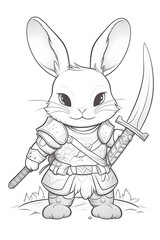 Fototapeta na wymiar Rabbit warrior holding a sword, coloring page black and white