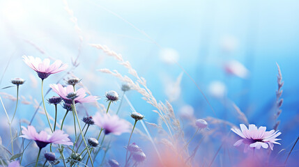 Beautiful wild flowers chamomile, purple wild peas, butterfly in morning haze in nature close - up macro. Landscape wide format, copy space, cool blue tones. Delightful pastoral airy artistic image - obrazy, fototapety, plakaty