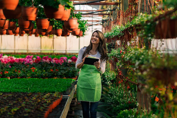 A small business owner uses a tablet while checking flowers for delivery in a greenhouse.