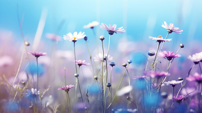 Fototapeta Beautiful wild flowers chamomile, purple wild peas, butterfly in morning haze in nature close - up macro. Landscape wide format, copy space, cool blue tones. Delightful pastoral airy artistic image