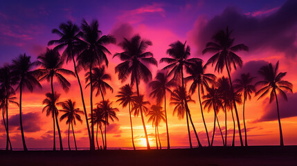 Palm trees silhouettes on tropical summer beach at vivid sunset time