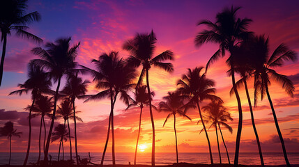 Fototapeta na wymiar Palm trees silhouettes on tropical summer beach at vivid sunset time