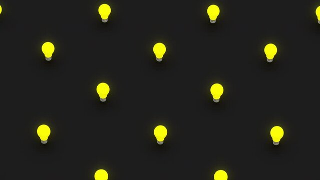 Abstract 3d render of light bulb objects in isometric view and moving camera around. Computer generated loop animation. 4K seamless motion design