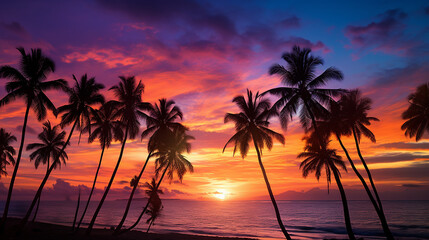 Fototapeta na wymiar Palm trees silhouettes on tropical summer beach at vivid sunset time