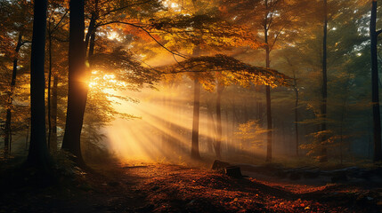 The setting sun enchants a deciduous forest with vibrant gold colors, panoramic shot