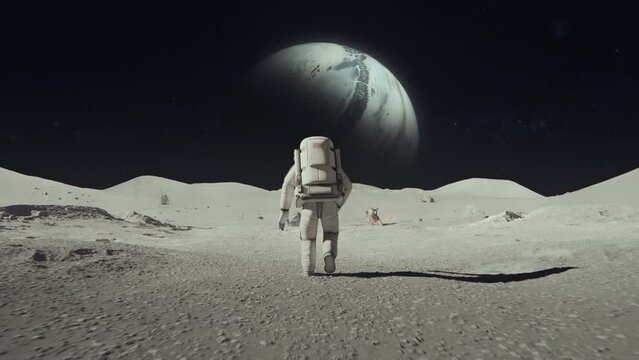 3D rendered animation of an astronaut on the moon with a planet in the dark space background