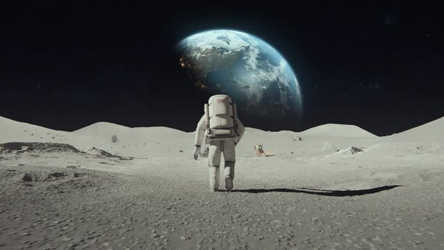 3D rendered animation of an astronaut on the moon with the Earth in the background